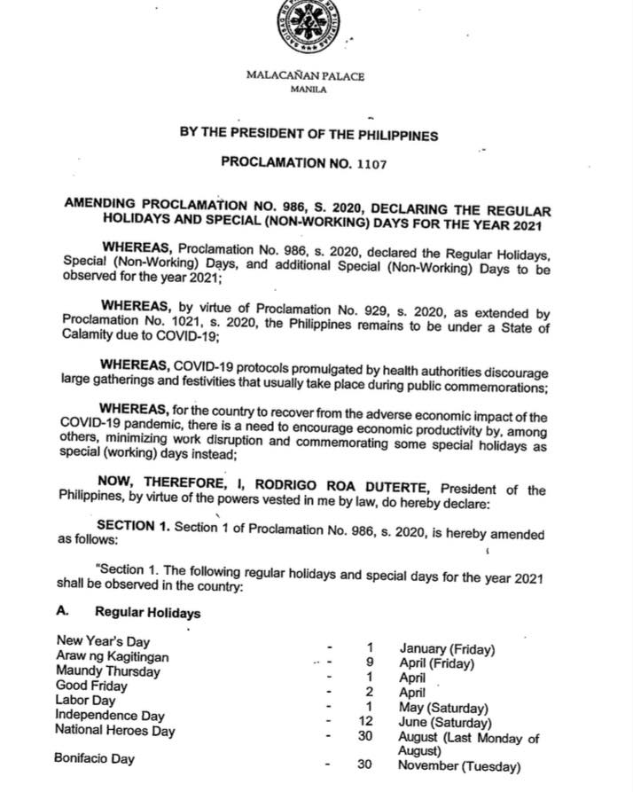 LOOK Malacañang released list of holidays for FY 2021, declaring — GABOTAF